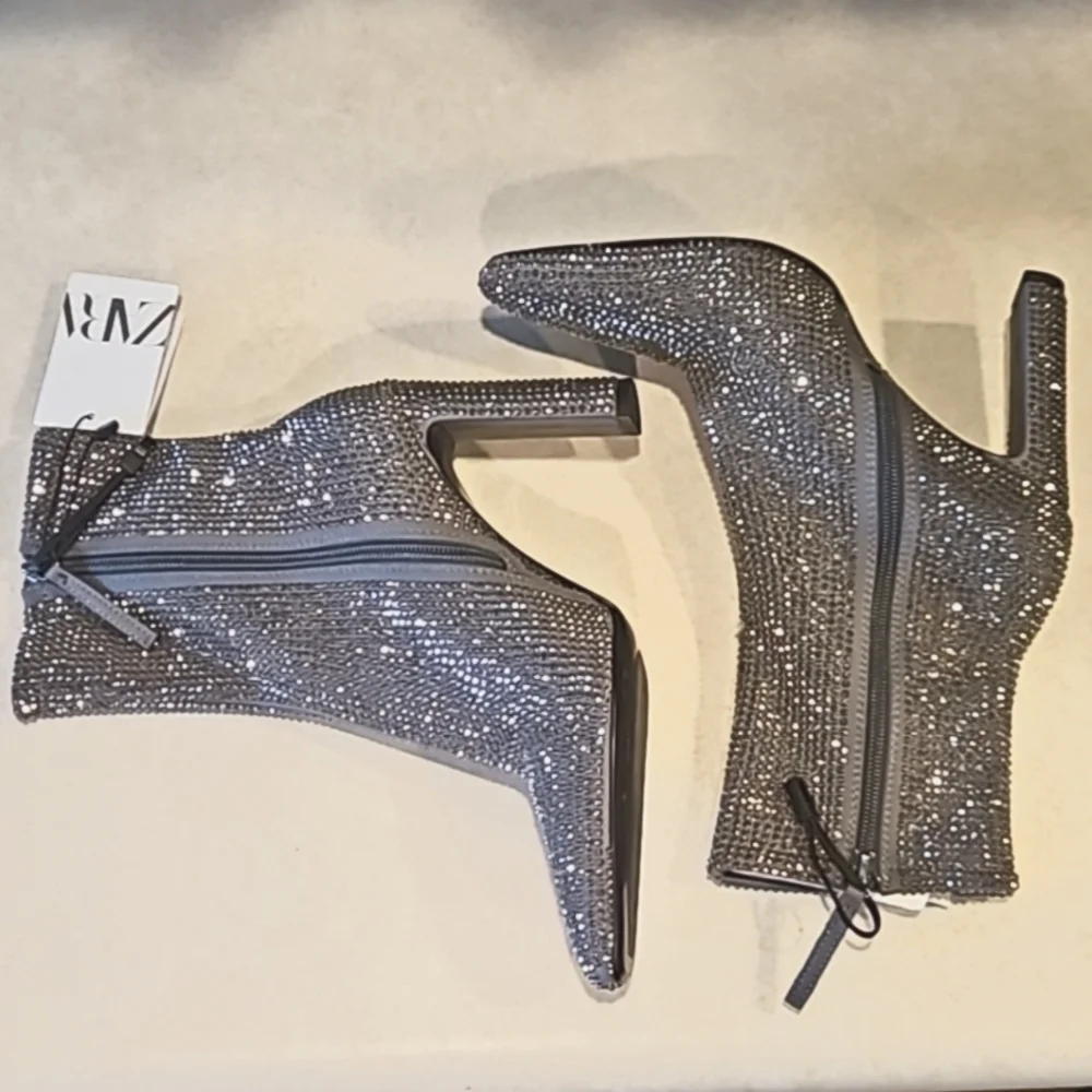 NEW! ZARA Embellished Rhinestone Heeled Ankle Boots 36=6.